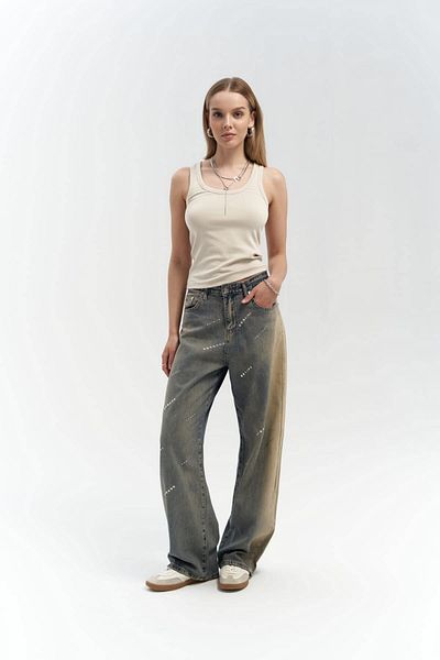 MAİ COLLECTİON Elang Dirty Gray Staple Detail Jean Trousers