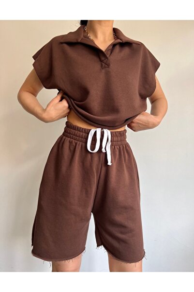 MAI STUDIOS CO. Mai Polo nyakú barna rövidnadrág szett