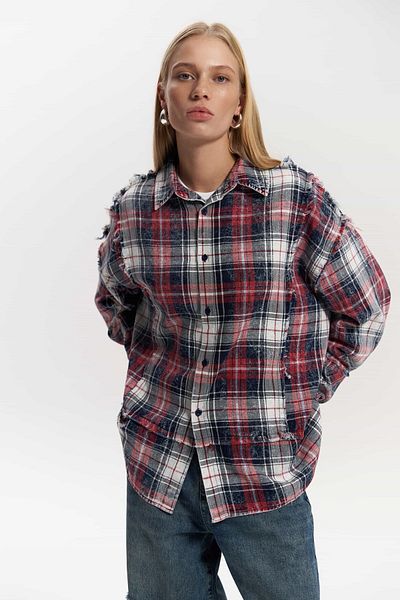 MAİ COLLECTİON Loma mosható oversize uniszex kockás piros ing