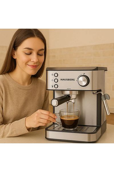 Hausberg Espressor cafea HB3725, cafea macinata, 15 bar, 850-1000 W, gri cu negru