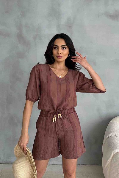 Cappmoda TKM-03621 Καφέ επιχρυσωμένο βαμβακερό ύφασμα μπλούζα με κορδόνι ελαστικό σορτς Σετ δύο τεμαχίων