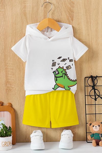 MYADA New Season Hooded Dinosaur Character Printed 2-Piece Children's Set 22432