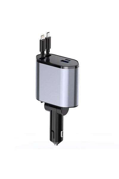 REDz Accessories Încărcător auto 4 în 1 cu cabluri retractabile, Type-C și Lightning, porturi Type-C și USB, 120W, argintiu