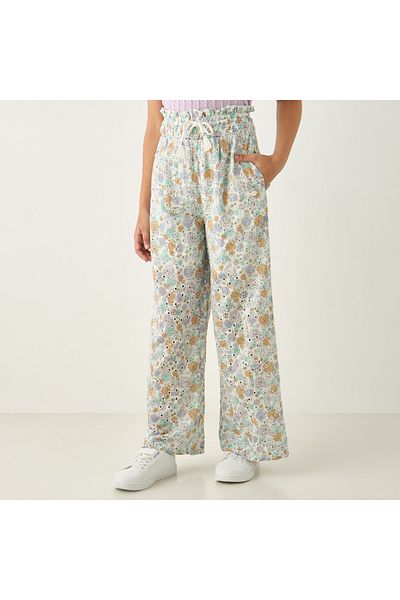 ELIGO All-Over Floral Print Schiffli Detail Wide Leg Pants with Paperbag Waist