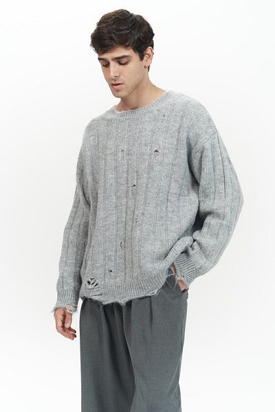 MAİ COLLECTİON Pulover tricotat pentru bărbați Vincent Ripped Detail Gri