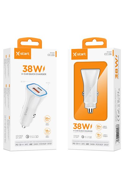REDz Accessories Adaptor auto X-start CC116, porturi duble, USB tip C, încărcare rapidă 38 W, alb