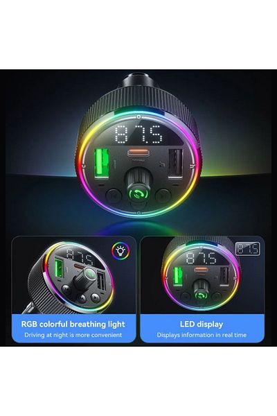 REDz Accessories Încărcător auto cu modulator FM, Hoco E82, lumini ambientale, 2x USB și 1x tip C, microfon, negru