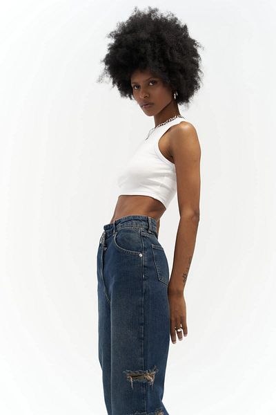MAİ COLLECTİON Detaliu în talie nordică Jeans albastru murdar rupt dublu