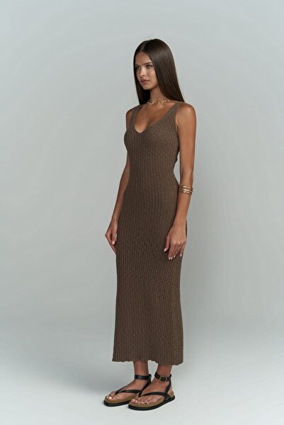 BOHEMAİ Hnědé pletené šaty Janell Strappy
