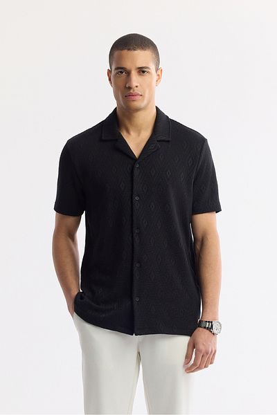 Avva Men's Black Jacquard Apaj Collar Short Sleeve Knitted Shirt A51Y2144