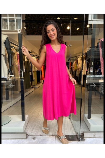 MODA PEERY Φούξια φόρεμα υψηλής ποιότητας με λαιμόκοψη V, θα είναι το αγαπημέ...