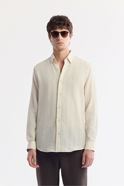 Avva Men's Beige Bottom Brit Collar Cotton Textured Long Sleeve Shirt A51Y2111