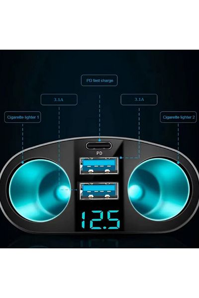 REDz Accessories Adaptor auto dual USB Type-C, G-C14, încărcare rapidă 66w, 2 porturi brichetă, reglabil, negru
