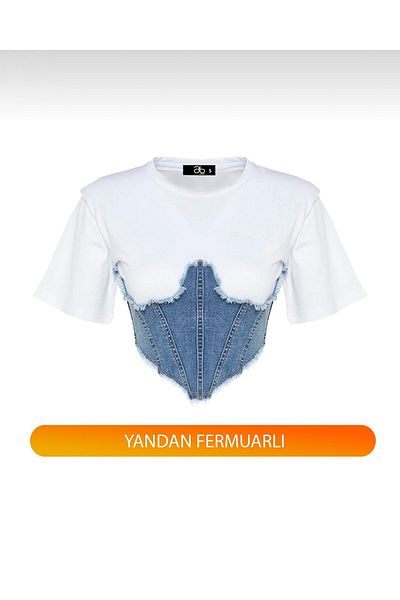 AB LOOKS Tricou de damă, alb, albastru, cu corset, cu detaliu din denim, blugi, cu mânecă scurtă, cu detaliu
