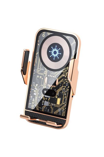 REDz Accessories Suport C10 G-A48, încărcare wireless rapidă de 15W, grilă, cleme automate, design de circuit, auriu roz