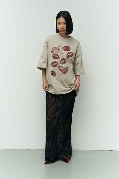 MAİ COLLECTİON Mai Collection Lips Beige Oversize T-Shirt