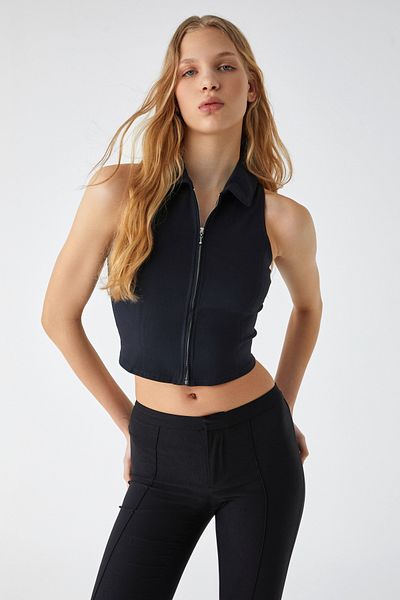 GRIMELANGE Nairus Women's Slim Shirt Collar Sleeveless Black Vest