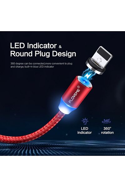 REDz Accessories Fast charging cable 2A, Apple lightning, with 360 degree rotating magnetic connector, with LED, 2m