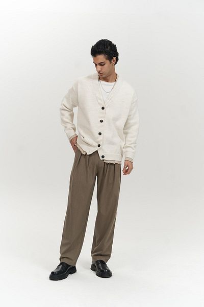 MAİ COLLECTİON Raid Double Collar Ecru Men's Knitwear Sweater