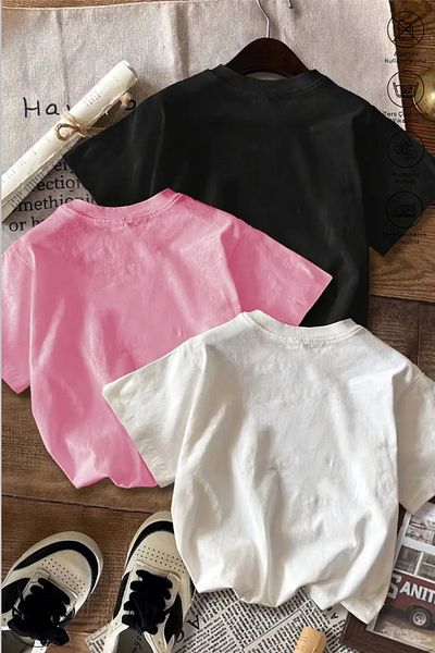 Nyda Collections Unisex Crew Neck Unprinted Cotton Oversize Σετ μπλουζάκι με κοντομάνικο 3 χρωμάτων