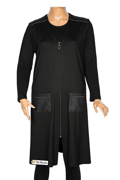 Hermevsim Hesna Women's Bengü Large Size Zippered Pocket Combed Cotton Black Vest