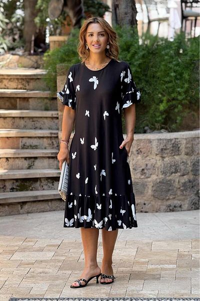 Nevin Kaya Moda Μαύρες φούστες με σχέδιο πεταλούδας με βολάν Καλοκαιρινό βαμβακερό χτενισμένο φόρεμα