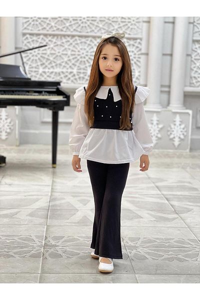 TRENDİMİZBİR Girl's Pearl Detailed Baby Collar Shirt Spanish Leg Suit