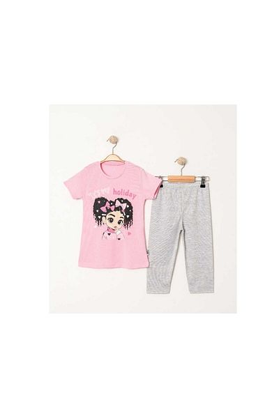 TRENDİMİZBİR Girl's Holiday Written Ribbon Patterned Girl Character Light Pink Gray Summer Bottom Top Set