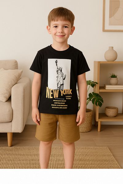 TRENDİMİZBİR Boys New York Printed Statue of Liberty Black T-Shirt and Brown Shorts Bottom Top Set
