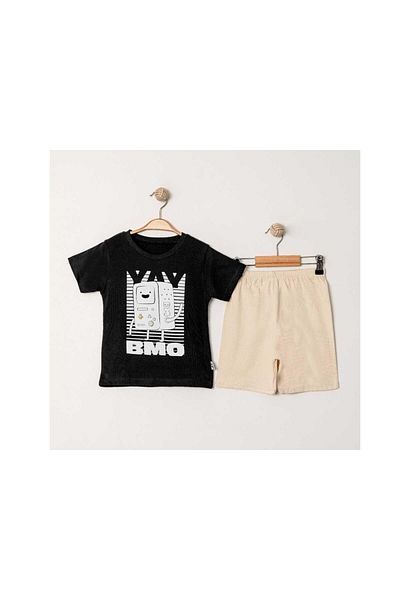 TRENDİMİZBİR Boy's Beige Shorts Black T-Shirt Set – Retro Game Console Themed Summer Set