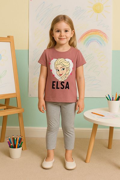 TRENDİMİZBİR Girl's Heart Princess Printed Plum Top and Bottom Set