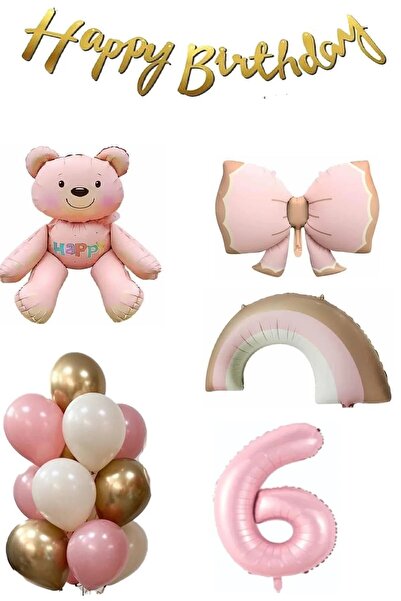 Laviyosa Pembe Ayıcık Yaş Balonlu Gökkuşağı Temalı Kız Bebek Konsept Doğum Gü...