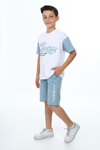 TRENDİMİZBİR Set de pantaloni scurți cu mânecă scurtă cu imprimeu text pentru băiat