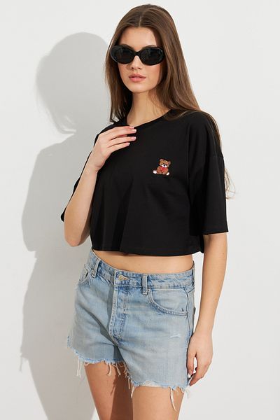 Cool & Sexy Women's Black Teddy Bear Embroidered Crop T-Shirt Ats8700