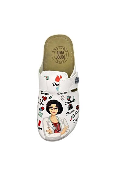 TECOS Women's sanitary clogs - White with doctor print, size 40, 25 centimeters