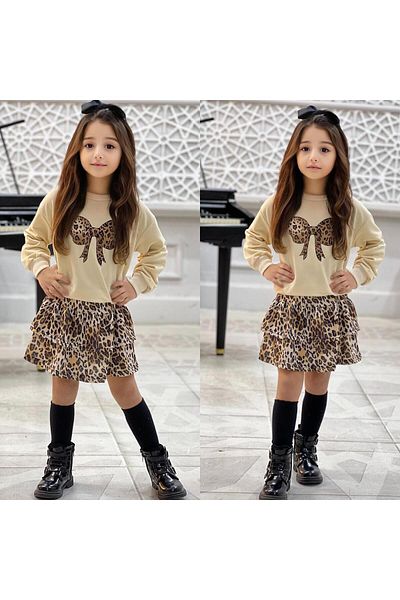 TRENDİMİZBİR Girl's Leopard Patterned Bow Detailed Soft Textured Casual Style Skirt Set