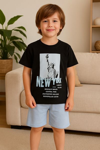 TRENDİMİZBİR Set de top pentru băieți cu imprimeu New York Statuia Libertății, tricou negru și pantaloni scurți albaștri