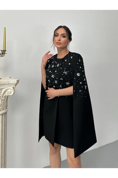 Juste Πέτρινο Κεντημένο Αμάνικο Μπουφάν Φόρεμα Μαύρο