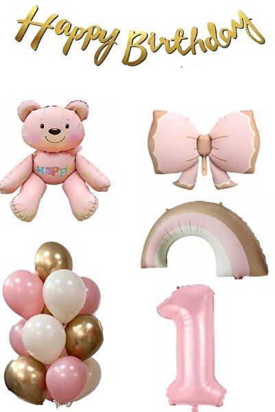 Laviyosa Pink Teddy Bear Age Balloon Rainbow Themed Baby Girl Concept Birthda...