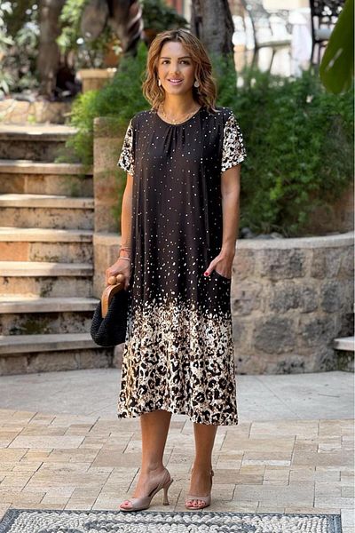 Nevin Kaya Moda Rochie din bumbac pieptănat cu fuste negre cu buzunare duble în față leopard