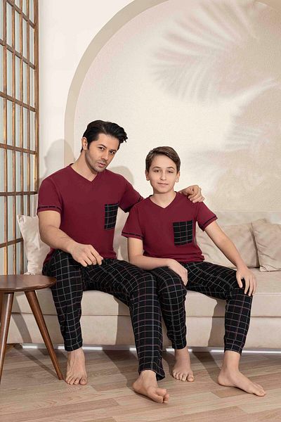 Tarık Father Son Combination Short Sleeve Checked Long Bottom Combed Fabric Medium Thick V-Neck Pajamas Set-3995