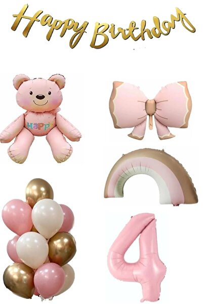 Laviyosa Pembe Ayıcık Yaş Balonlu Gökkuşağı Temalı Kız Bebek Konsept Doğum Gü...