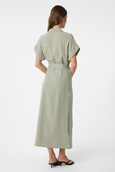 Antioch Khaki Linen Blended Belted Women's Dress