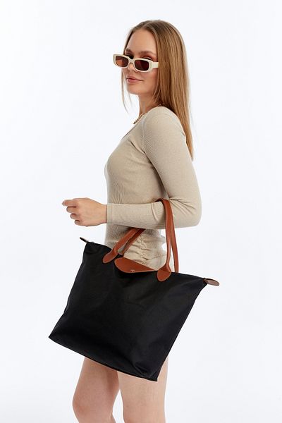 Onouqo Foldable Black Fabric Women's Tote Bag – Casual Shoulder Bag with Brown Leather Detail