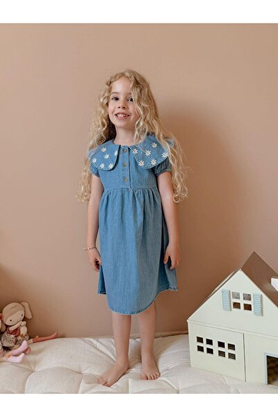 WİKİBOOM Papatya Desenli Bebe Yaka Kot Elbise
