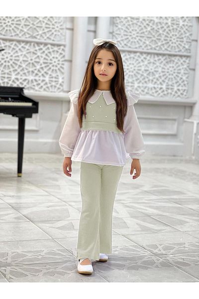 TRENDİMİZBİR Girl's Pearl Detailed Baby Collar Shirt Spanish Leg Suit