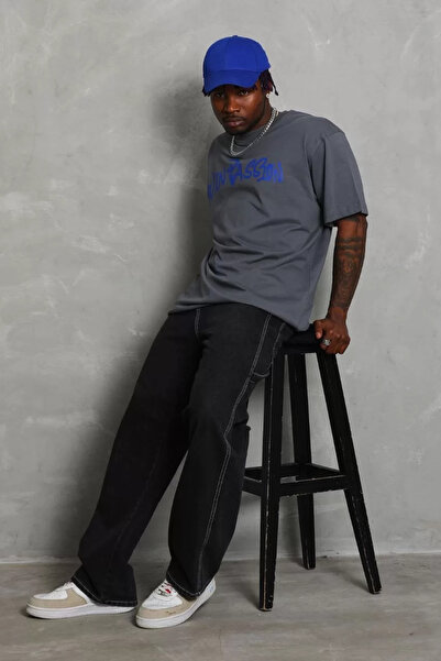 FantaziAtölyesi Μπλουζάκι Unisex Oversize με στάμπα Crew Neck - Smoked