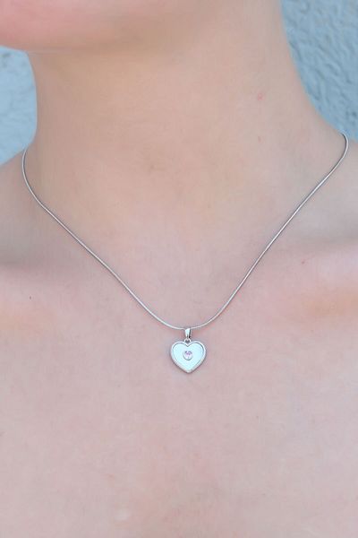 Skygo 316L Steel Silver Color Heart Model Pink Heart Zircon Stone Detail Women's Necklace - Tj-Bko7383