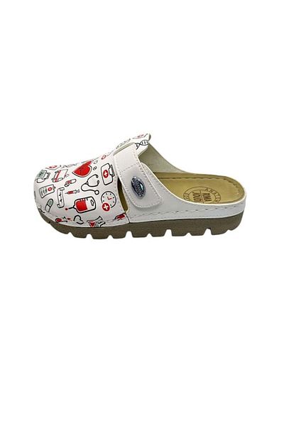 TECOS Women's Sanitary Clogs - White With Medical Print, Size 41, 26 Centimeters