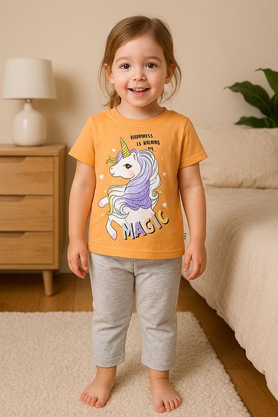 TRENDİMİZBİR Girl's Orange Magic Unicorn Printed Summer Top and Bottom Set